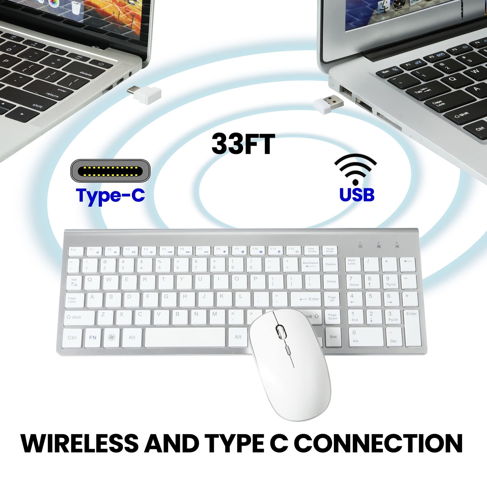 Wireless Keyboard and Mouse Combo with USB C & USB A Receiver-Full Size Type ...