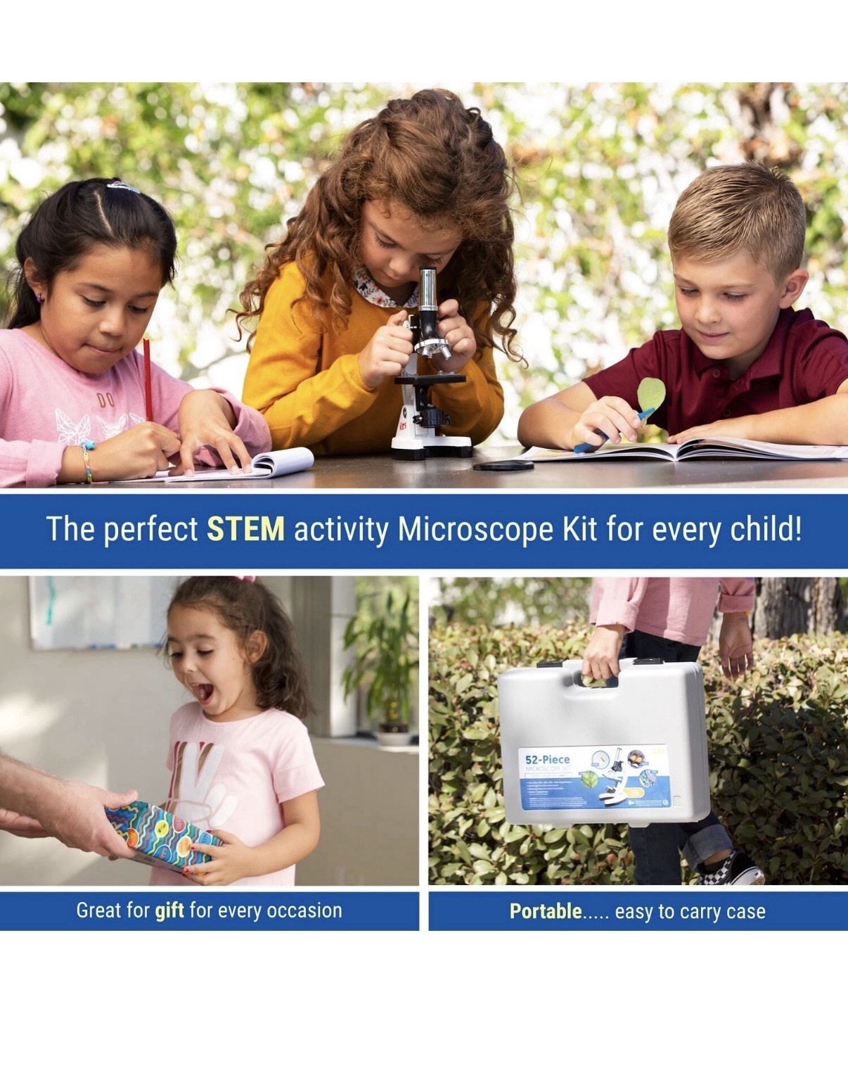 AmScope 52pc 120X-1200X Kids Starter Compound Microscope Portable Science Kit .
