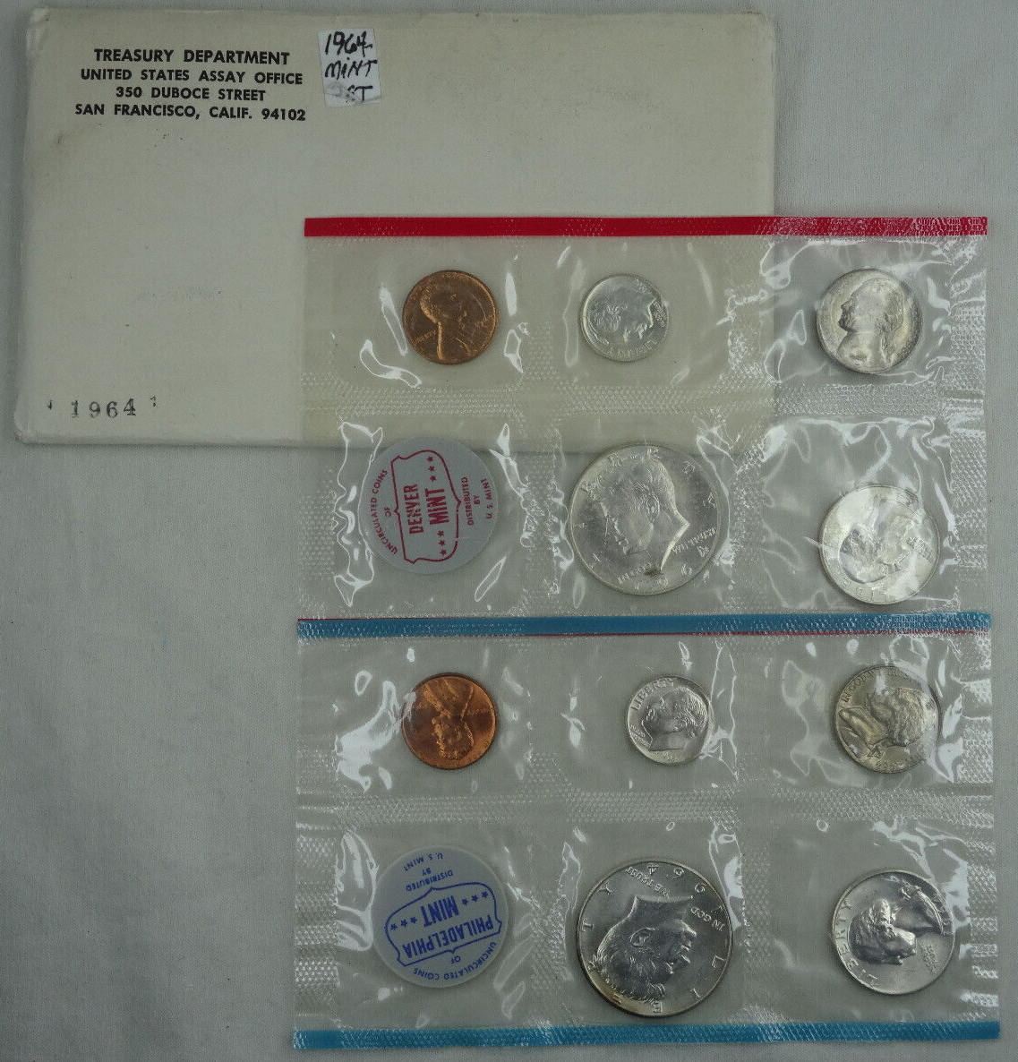 1964 P & D US Mint Set Uncirculated 10 Coins w/ 90% Silver OGP Envelope