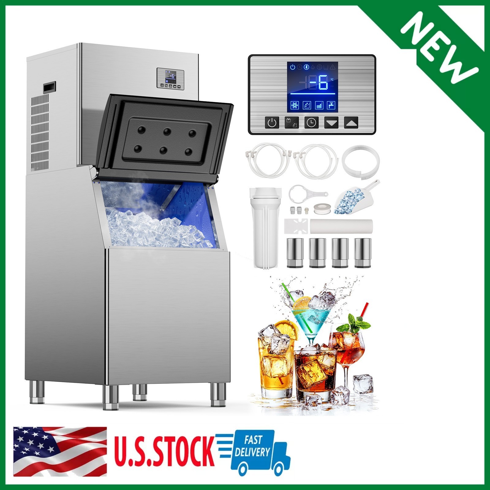 Commercial 550Lbs/24H Ice Maker Machine,Ready in 5-15 min,360Lbs Large Storage