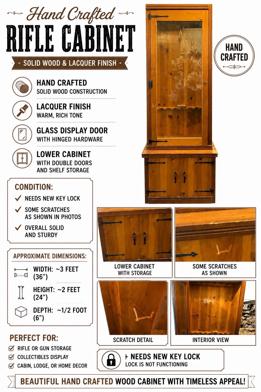 Solid Wood Rifle Cabinet, Glass Display Door, Locking, Holds 8, Brown