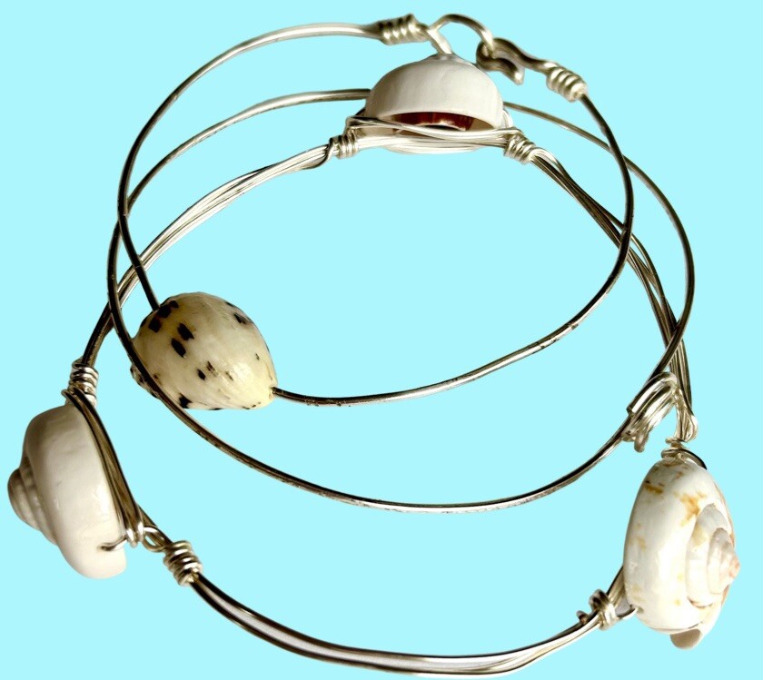 Artisan Made 3 Wrapped Sterling  Silver Wire Bracelets With Sea Shells Summer
