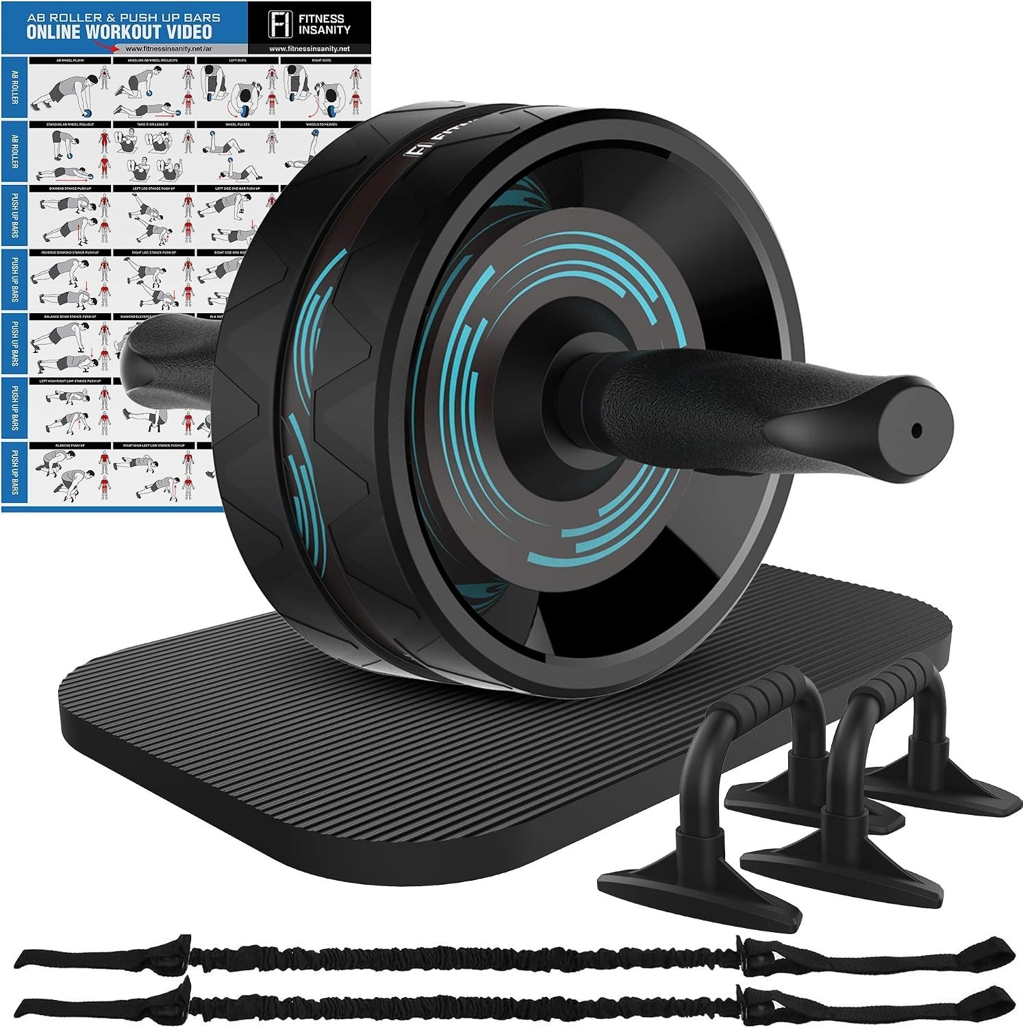 6-In-1  Ab Roller Wheel Exercise Kit with Resistance Bands, Knee Mat, Pushup Bar