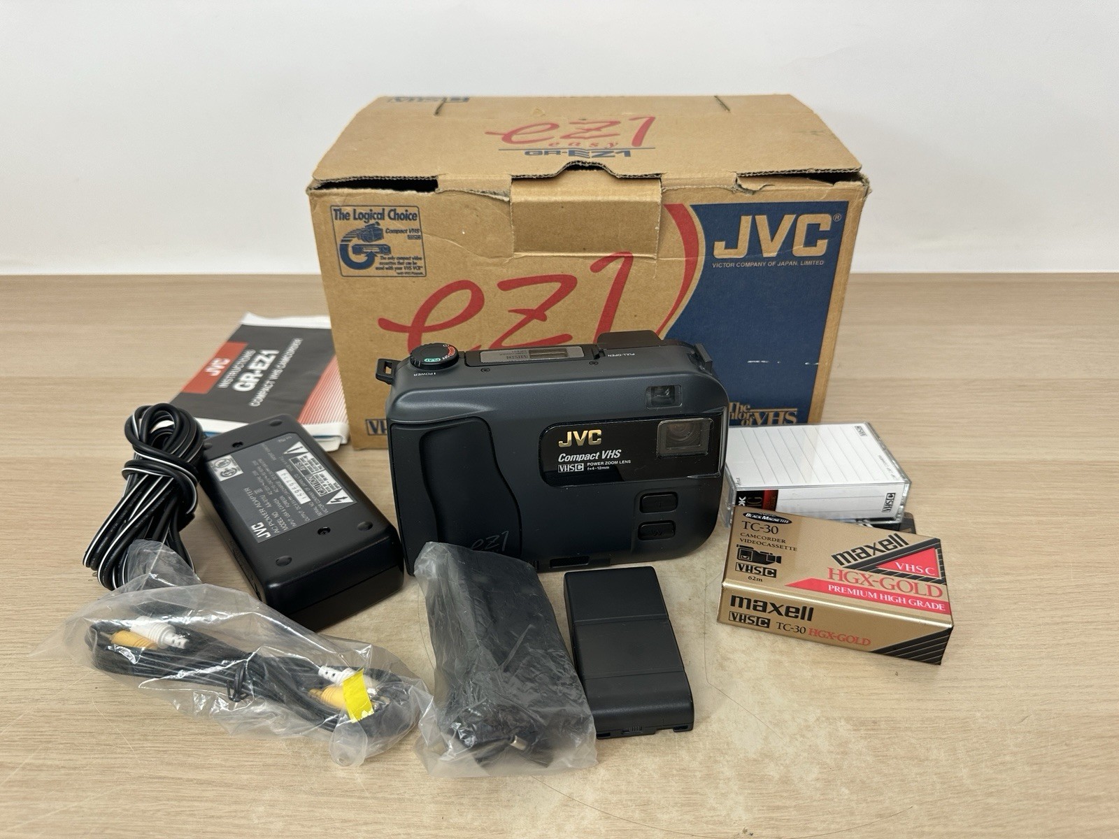 JVC Compact VHS Camcorder GR-EZ1U w/ Box, Manual, Tapes, Cords - NOT POWERING ON