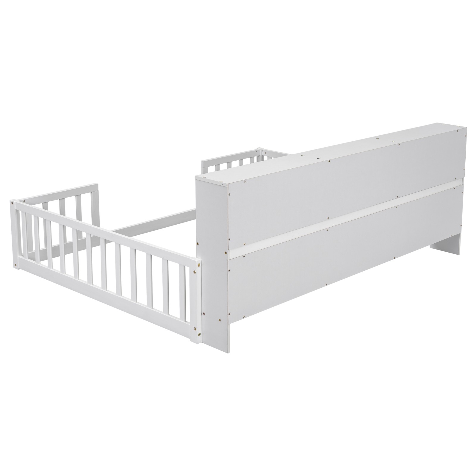 Full Size Floor Bed w/ Bookcase & Guardrails, White, Sturdy Pine Frame