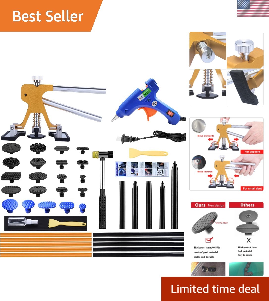 Auto Dent Puller Kit - Adjustable Golden Dent Remover Tools Paintless Dent Repai