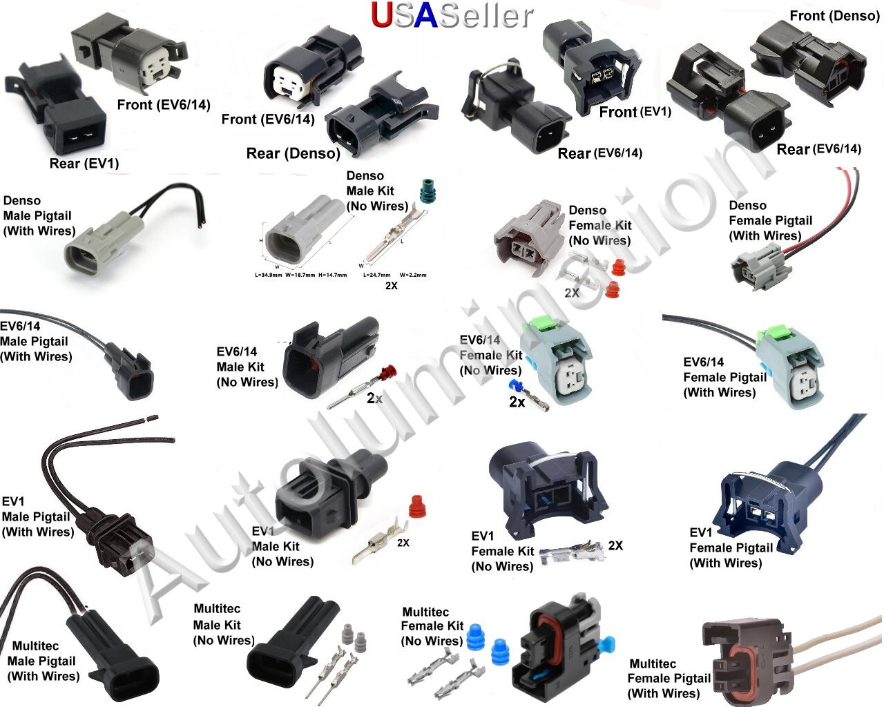 EV1 EV6 EV14 USCAR Denso Bosch Fuel Injector Connector Conversion Adapters