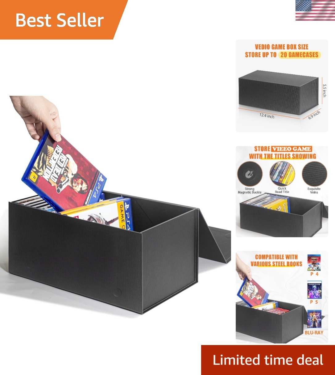Video Game Storage Box Magnetic Case Holds 20 Blu-Ray Games – 1 Pack