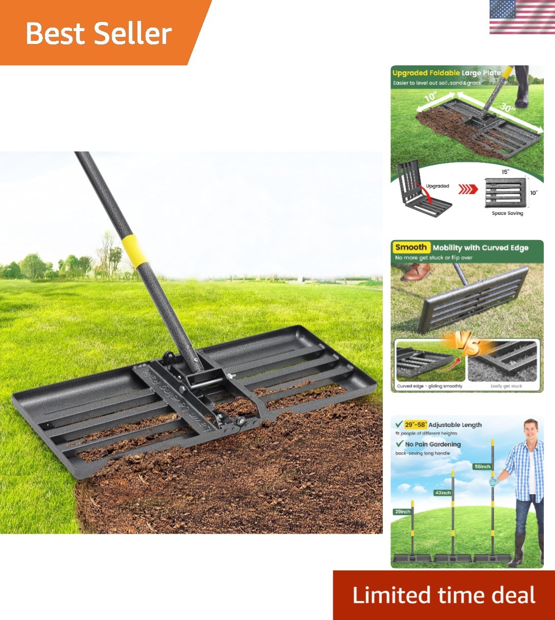 Efficient Lawn Leveling Tool with 30"x10" Curved Plate & 58" Heavy Duty Handle