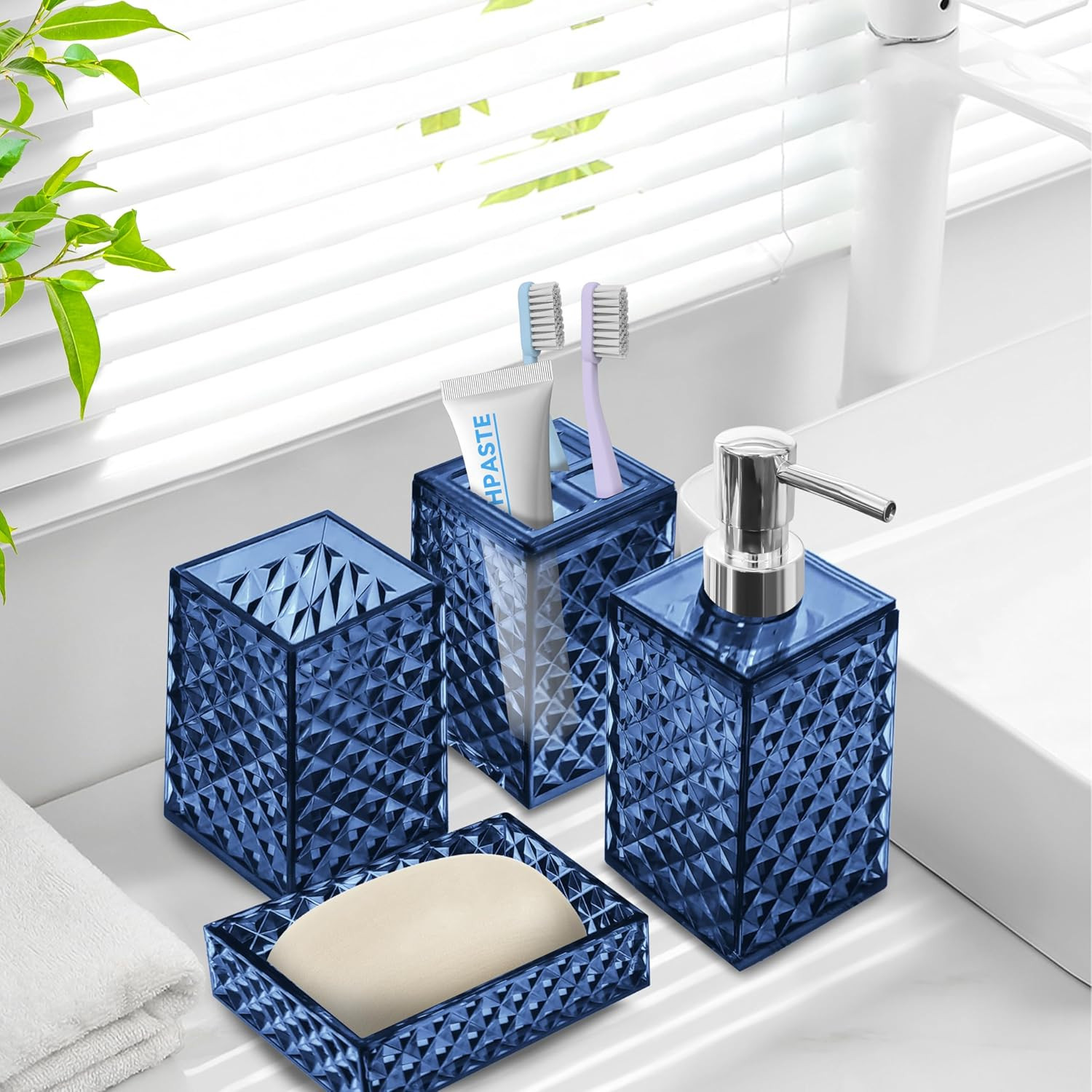 4-Piece Blue Bathroom Accessory Set with Soap Dispenser and Toothbrush Holder