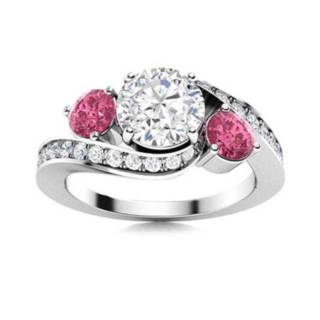 925 Sterling Silver 5MM Round White Topaz & Pink Topaz Three Stone Women Ring