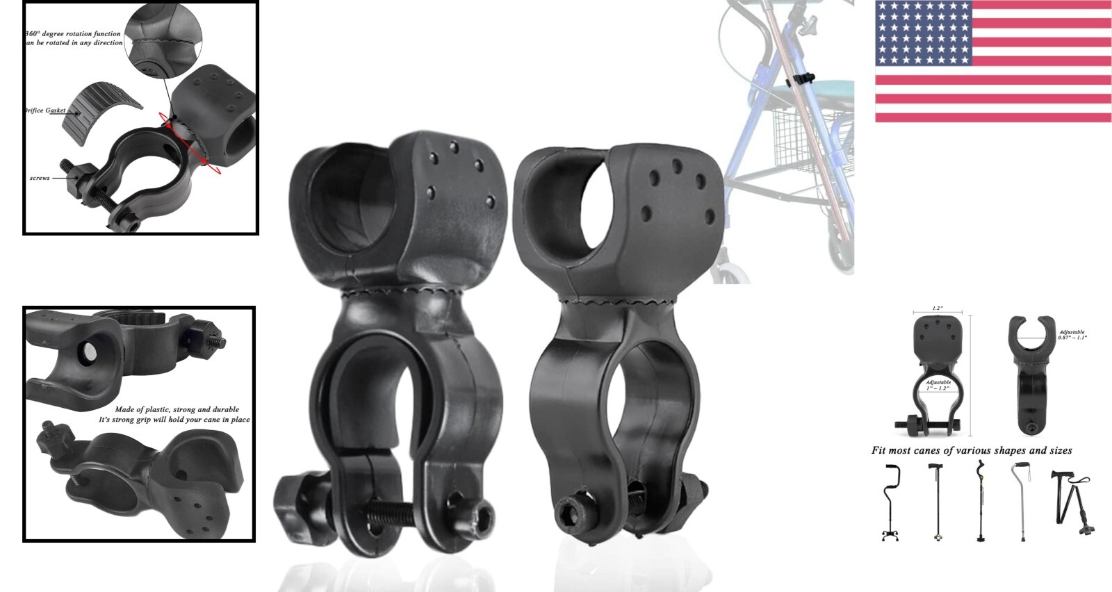 Mobility Aid Stick Bracket - 360° Rotatable Holder for Canes, Crutches, Walkers