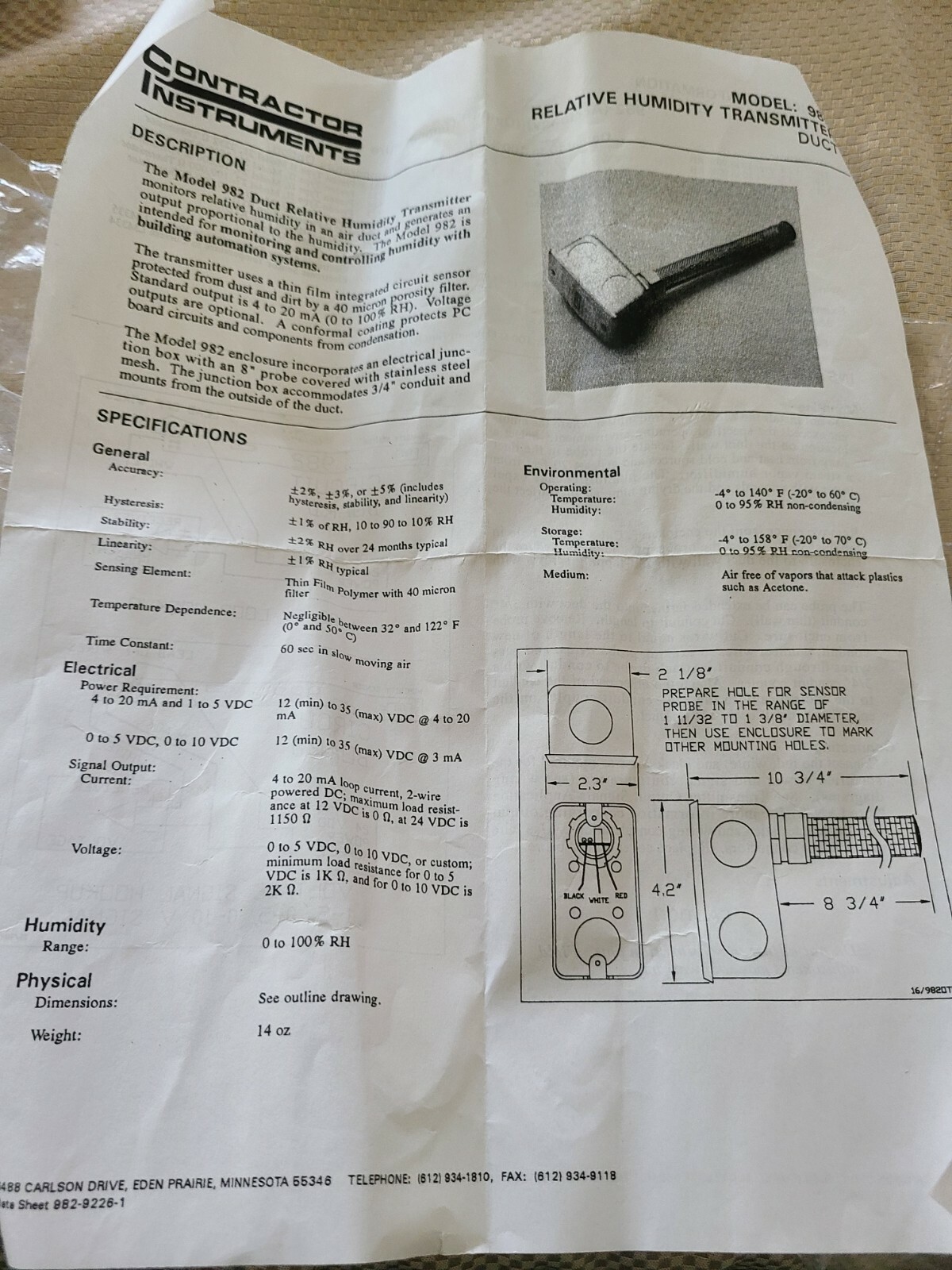 DriSteem Duct Relative Humidity Transmitter Model 982 - NEW
