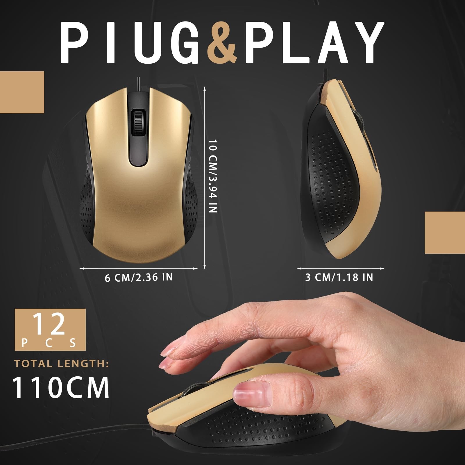 12 PCS Gold Wired USB Computer Mouse Bulk Ergonomic for PCs Laptops Office