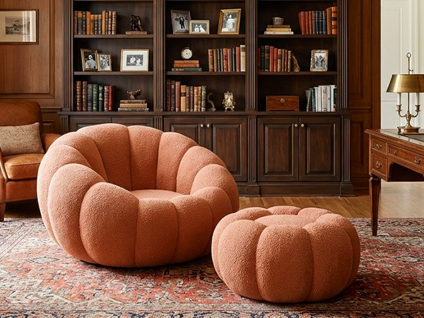 Pumpkin Shape Lounge Chair & Footstool - Brown