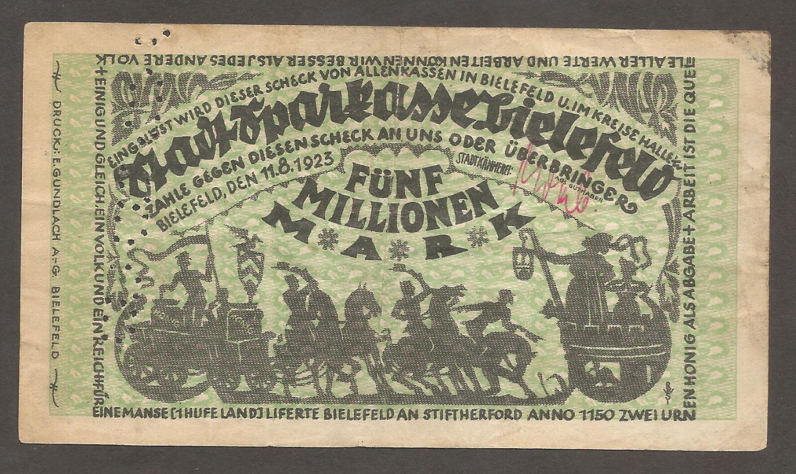 Germany - Bielefeld 5 Million Mark; 11.8.1923; F+; K-415a; Horses; Soldiers