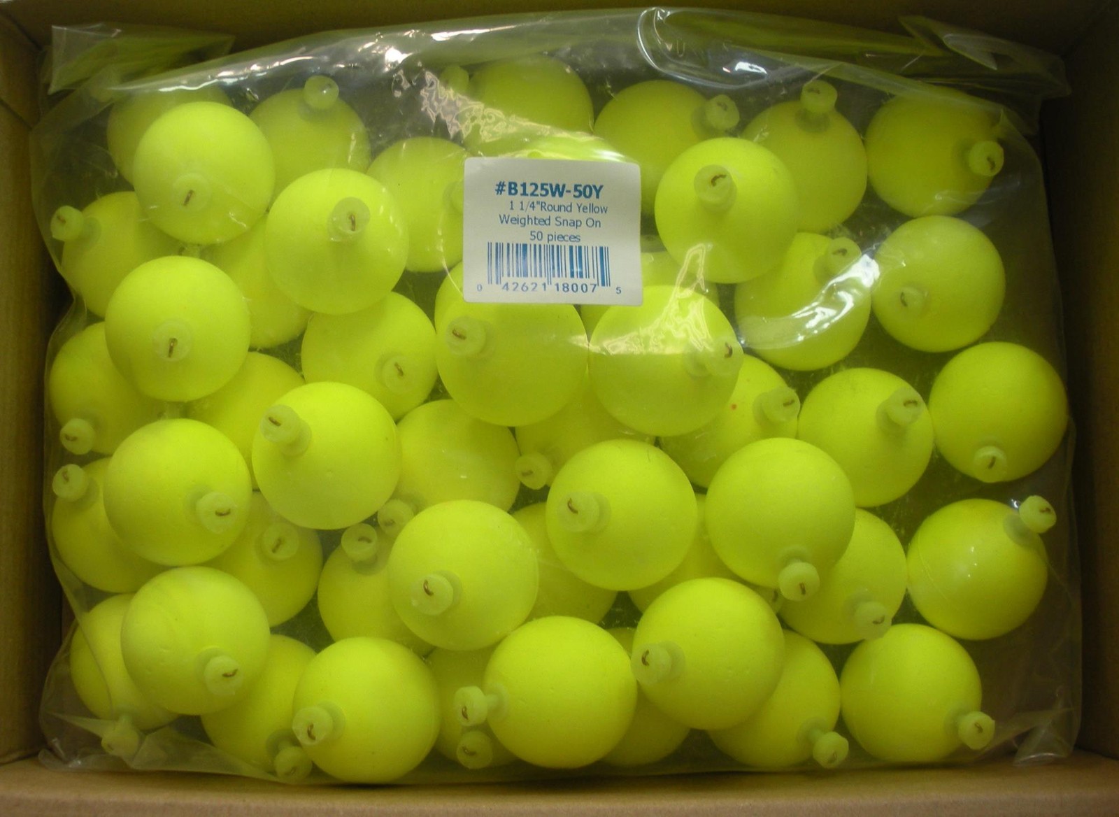 Betts B125W-50Y 1 1/4in Flo-Glo Yellow Round Weighted Snap-On Float Box of 50