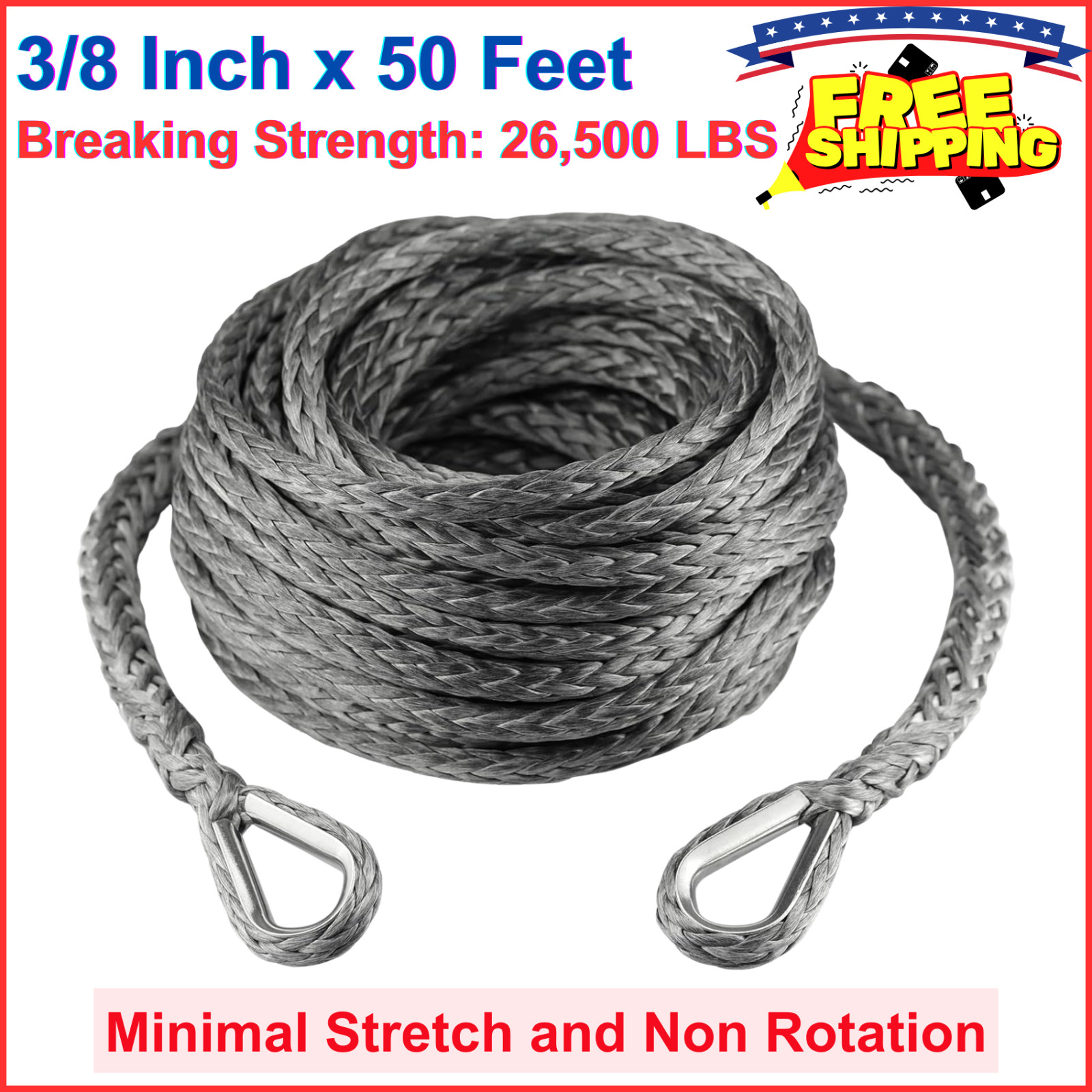 Synthetic Winch Rope Winch Line Cable 3/8" x 50' 26500 lbs for SUV ATV Vehicle