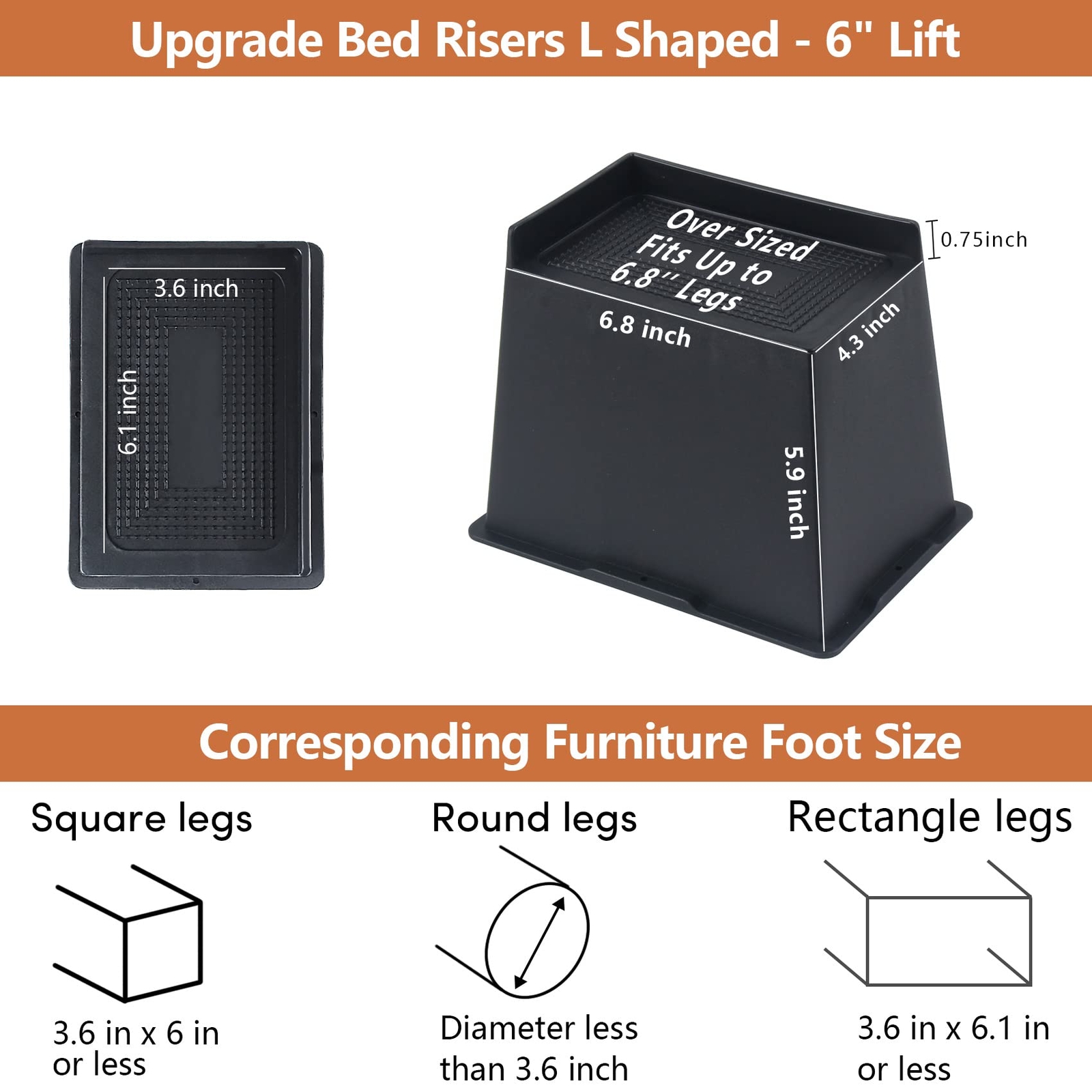 Oversized Bed Risers 6 Inch Heavy Duty 4 Pack Rectangle Furniture Risers For Sof