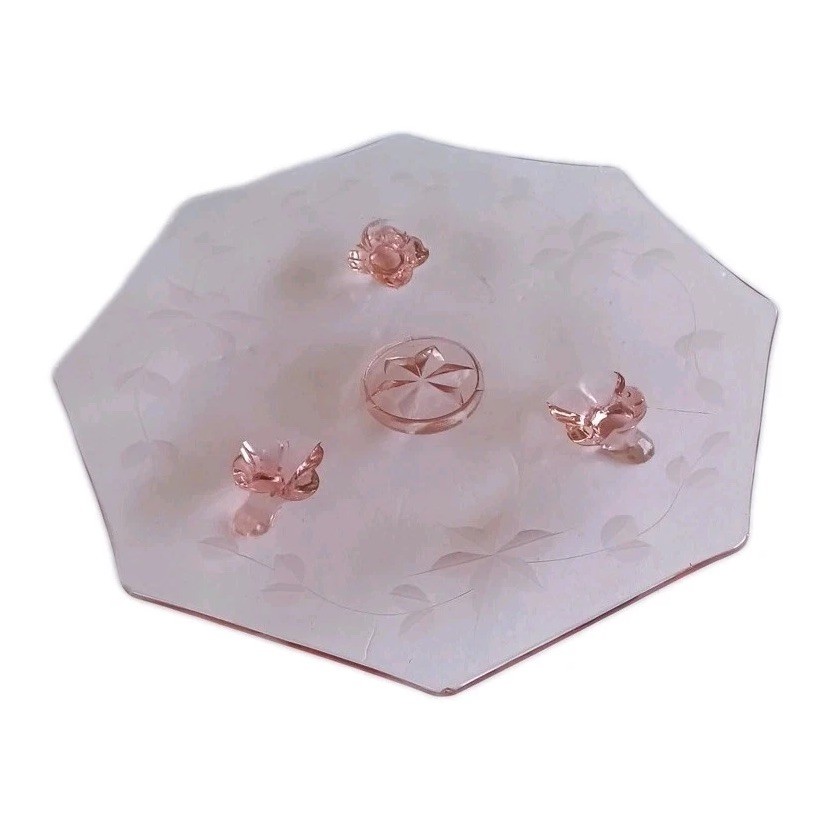 Pink Depression Glass Dish Etched Patteren 3 Footed