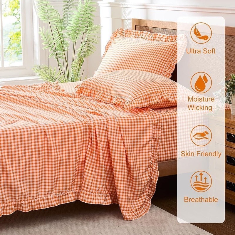 Gingham Ruffle Microfiber Full Sheet Set Deep Pocket Wrinkle Resistant Bedding
