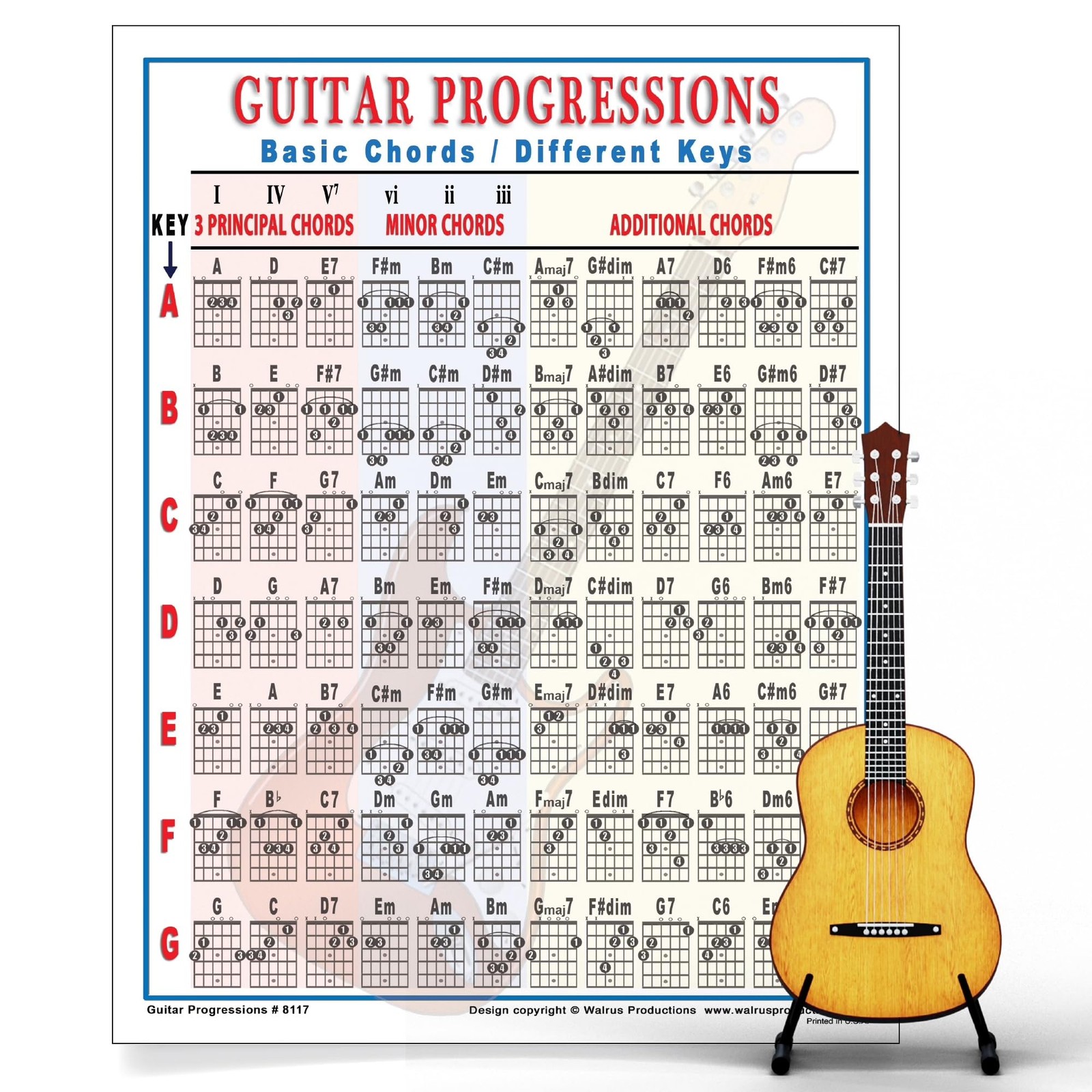 Mini Guitar Chord Chart Poster - Laminated Guitar Progressions Chord Poster for