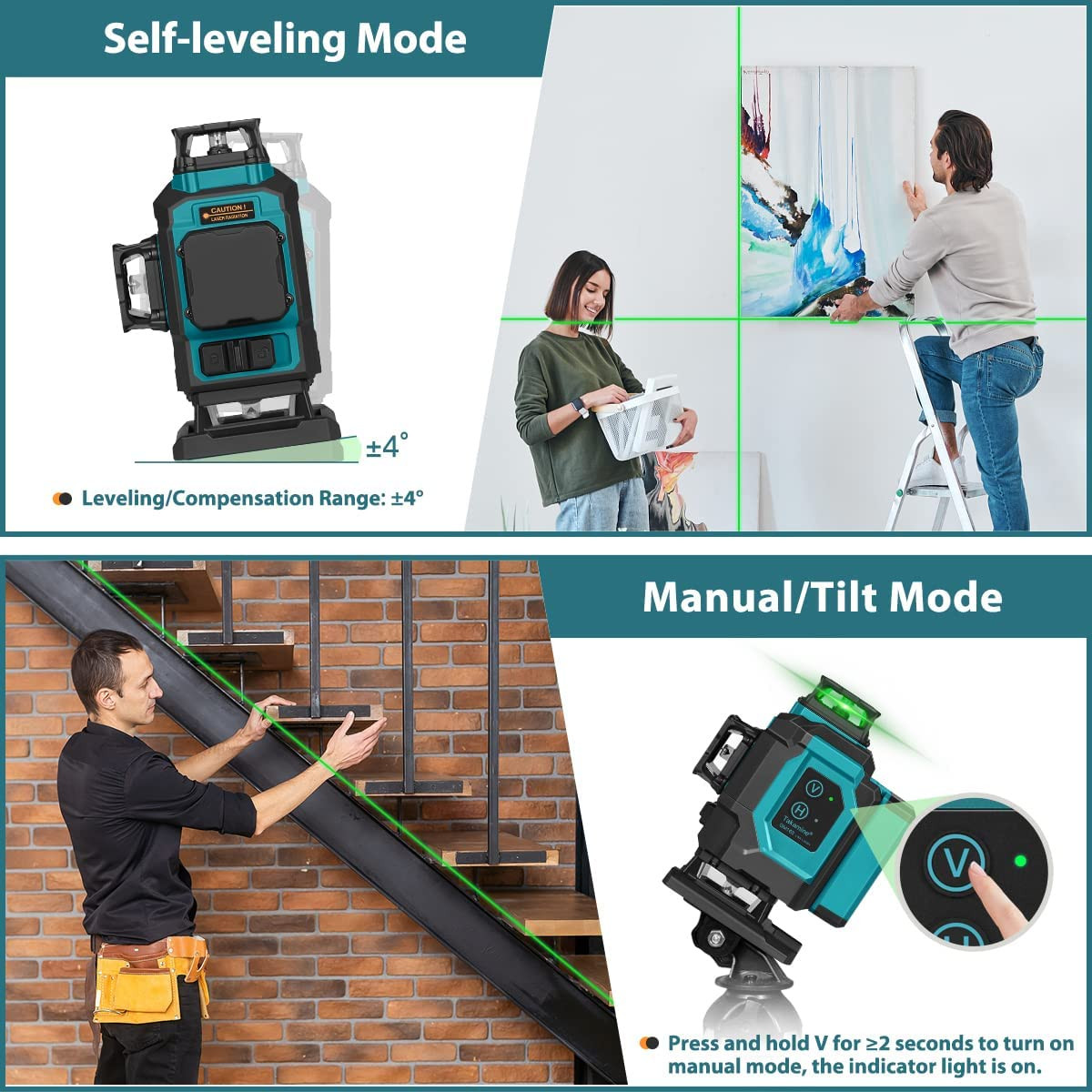 Two 360° Vertical & Two 360° Horizontal Laser Level Pulse Mode & Remote Control