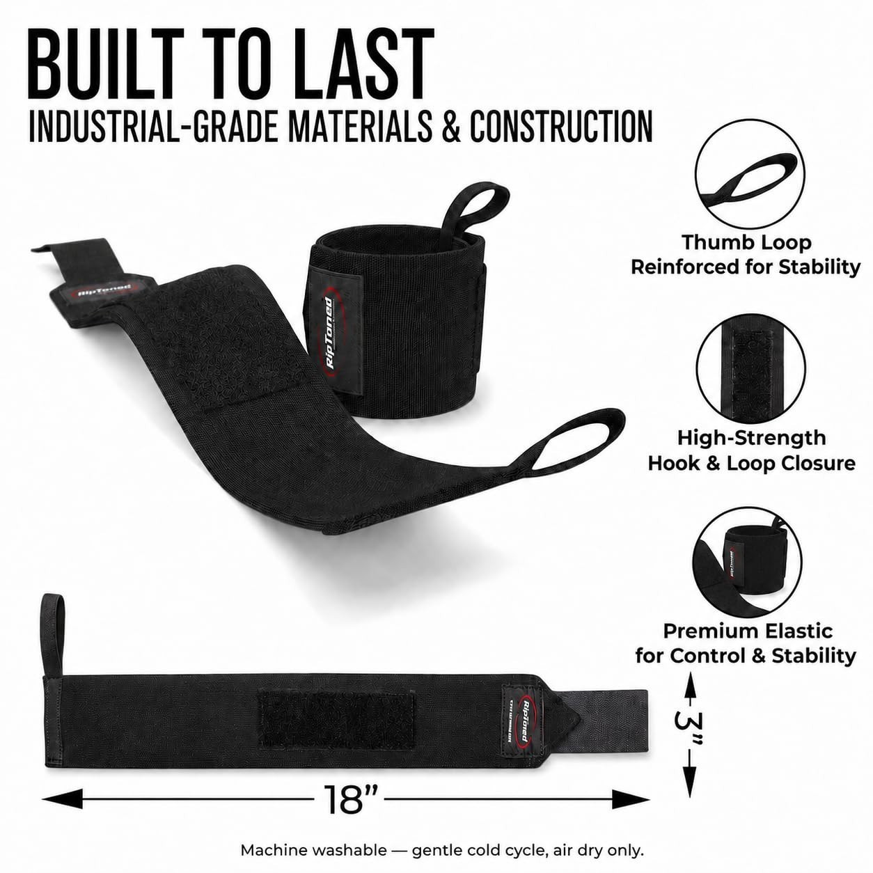 18" Weightlifting Wrist Wraps - Stiff/Flex Options, Thumb Loop, Max Support for