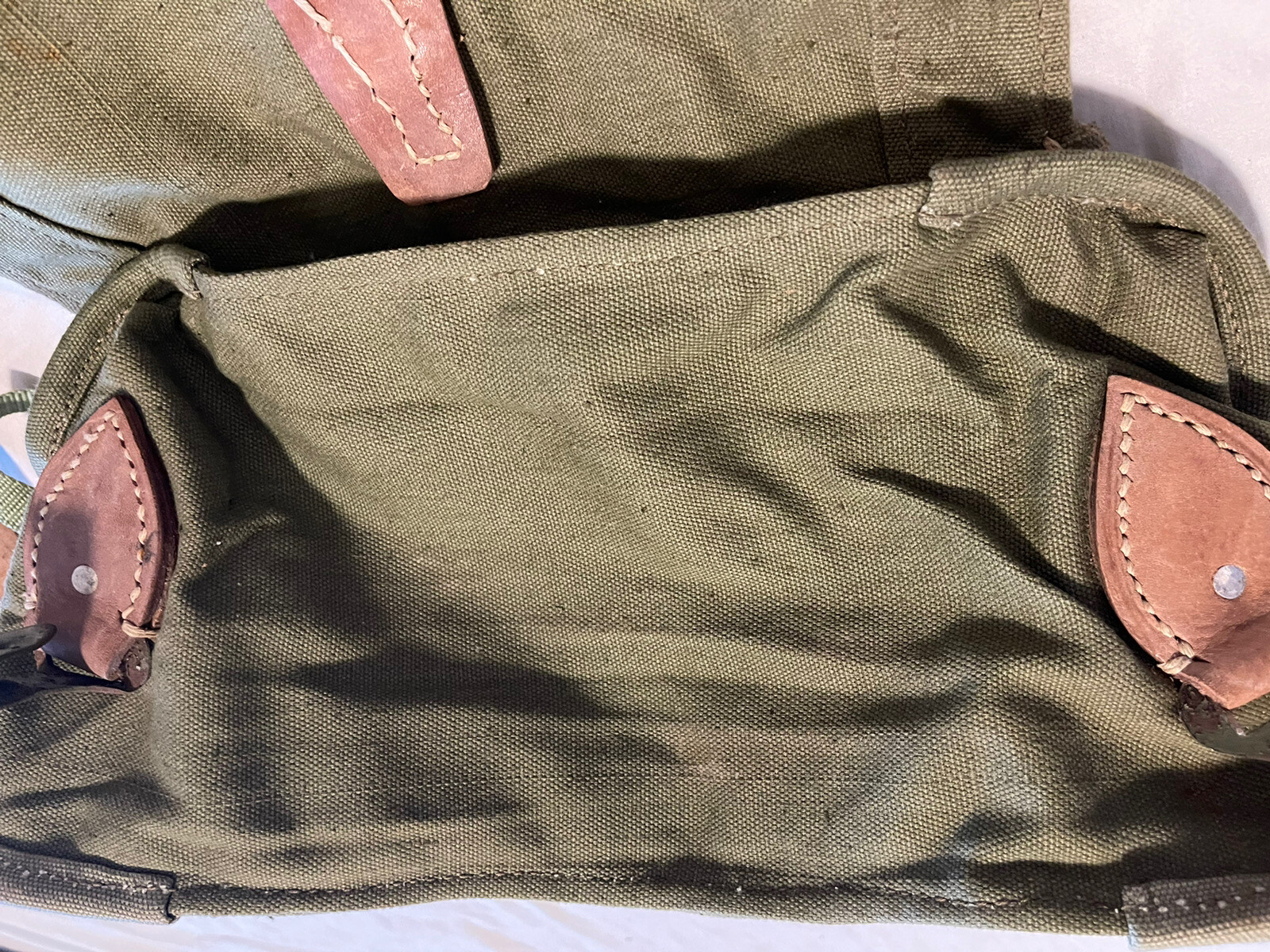 Vintage Romanian Army Canvas Backpack With Leather Shoulder Straps.