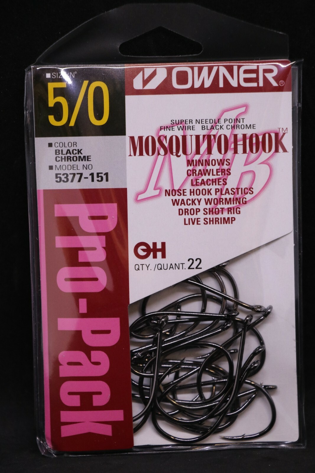 OWNER Mosquito Bait Hooks Pro Pack 5377-151 Size 5/0 - Black Chrome - Pack of 22
