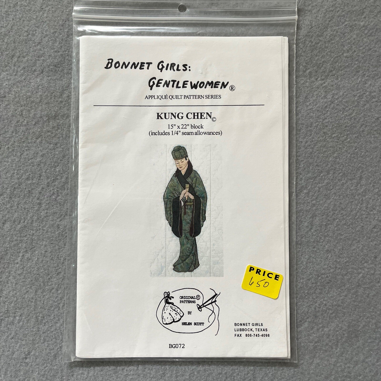 Quilt Pattern Bonnet Girls Gentlewomen/Kung Chen Appliqué 15x22 Block BG072