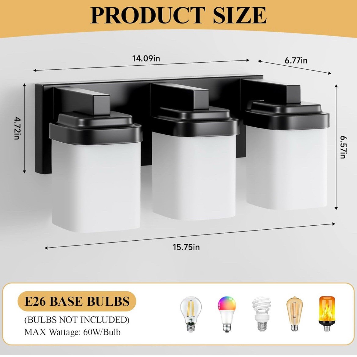 Black 3-Light Vanity Bathroom Wall Light with Milky White Shades