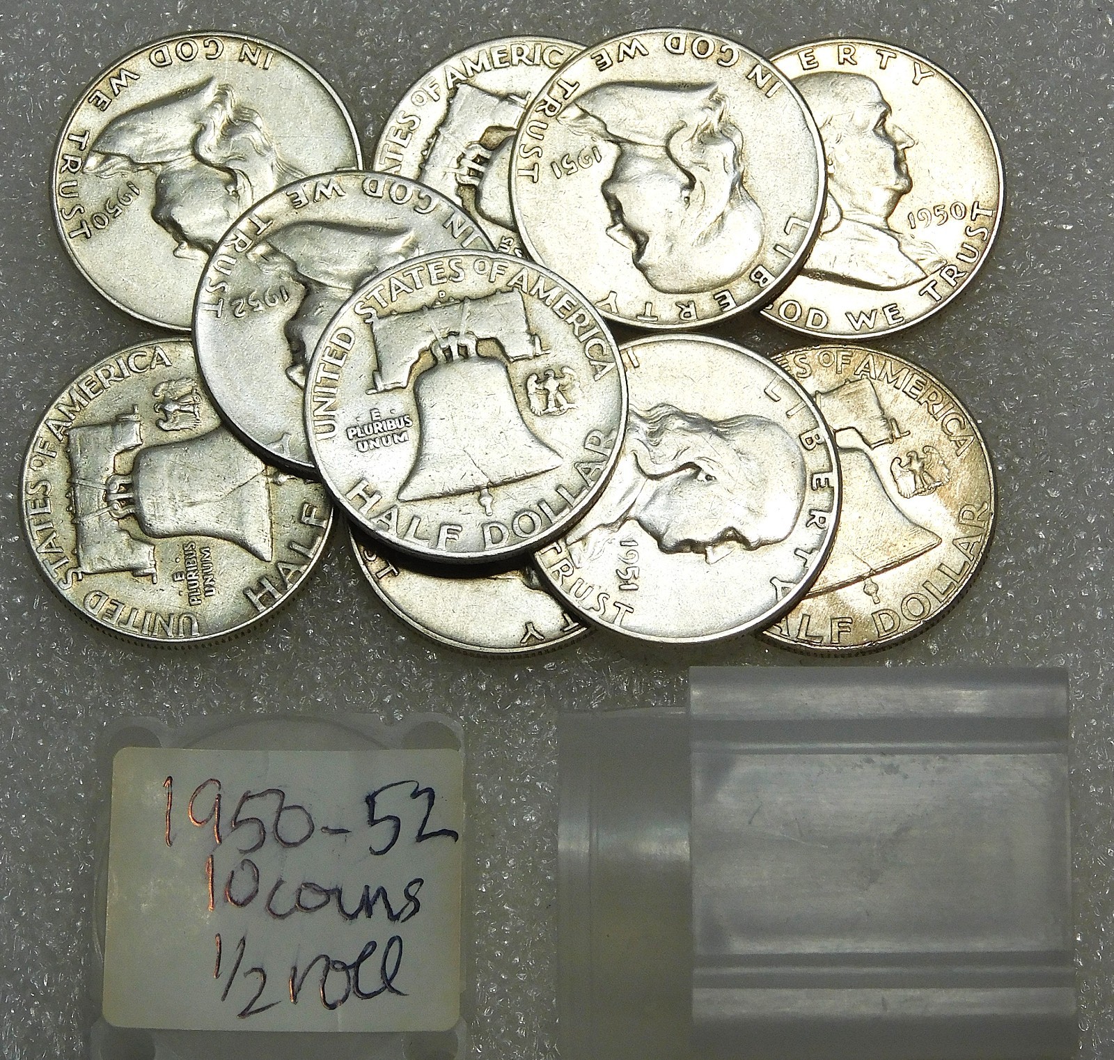 1950-1952 Franklin Silver Half Dollar Bright Half Roll 10 coins/tube #N378