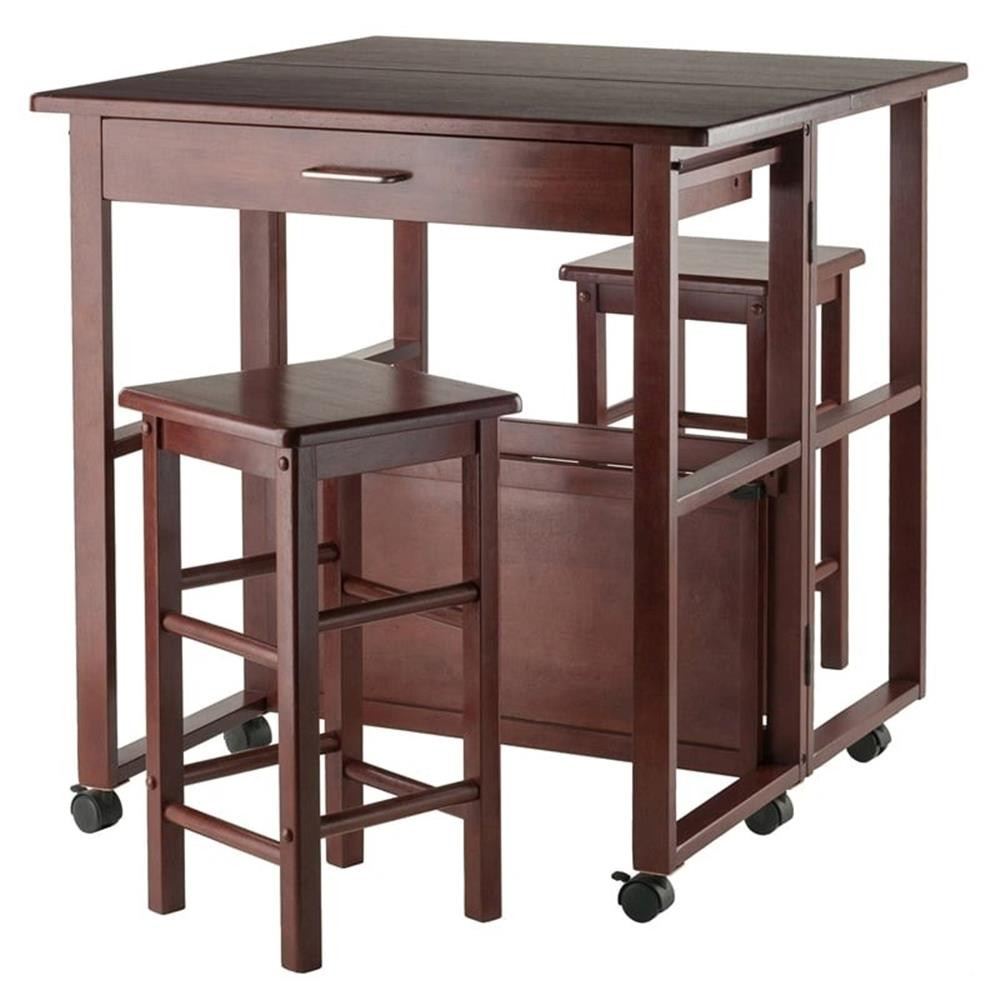 Pemberly Row 3-Piece Transitional Solid Wood Drop Leaf Dining Set in Walnut
