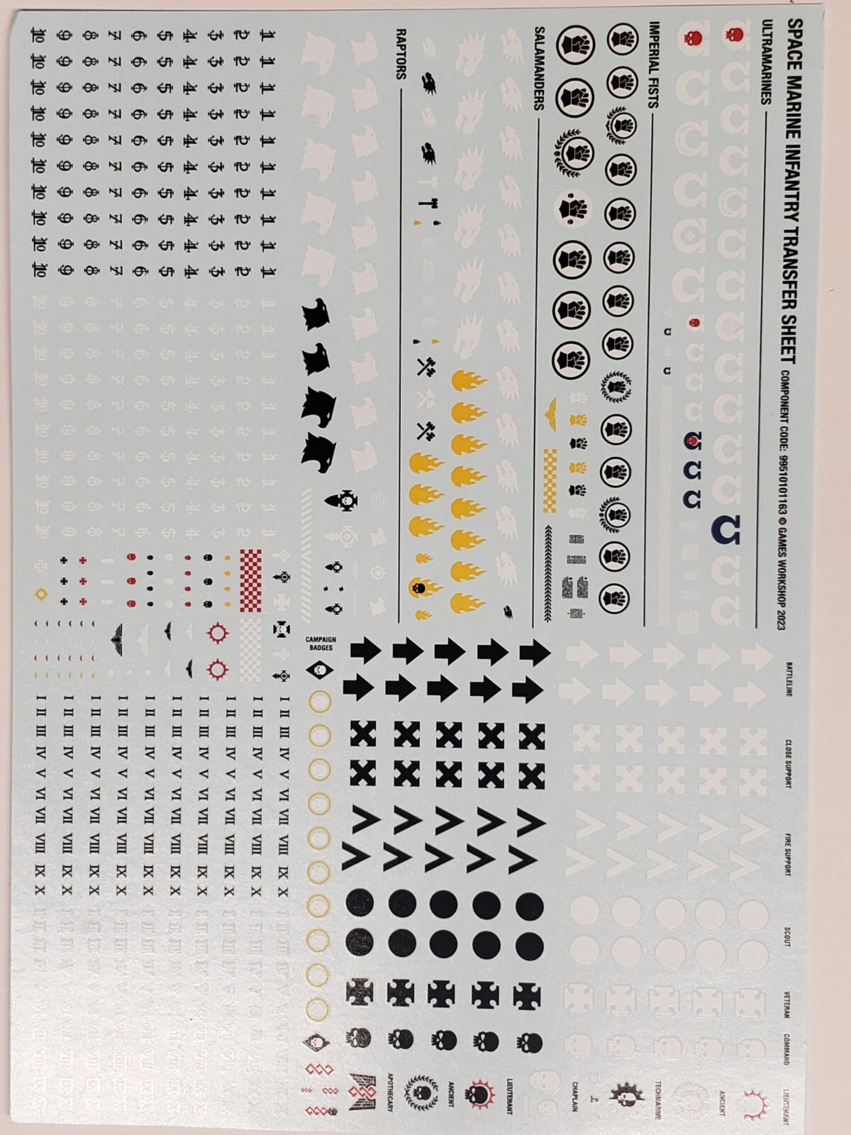 Space Marines Infantry Transfer Sheet, Decals, 10th Ed 2023 Warhammer 40k GW