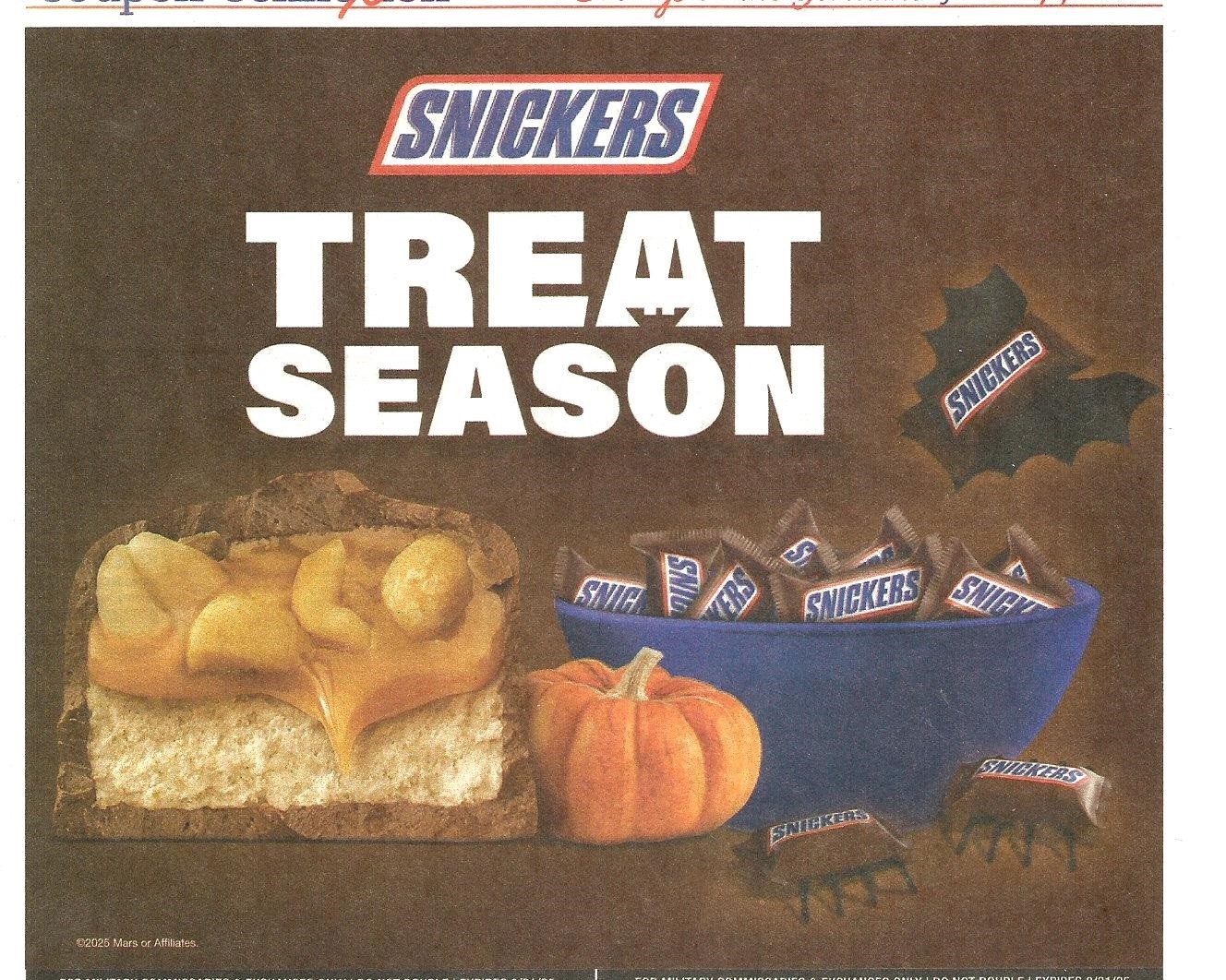 print ad M&M's 2025 mms M&M candy magazine advertisement SNICKERS TREAT SEASON