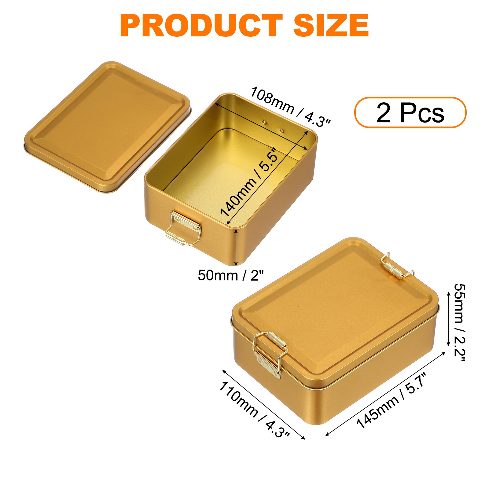 2Pcs Metal Rectangular Tinplate Tin Box with Buckle Gold