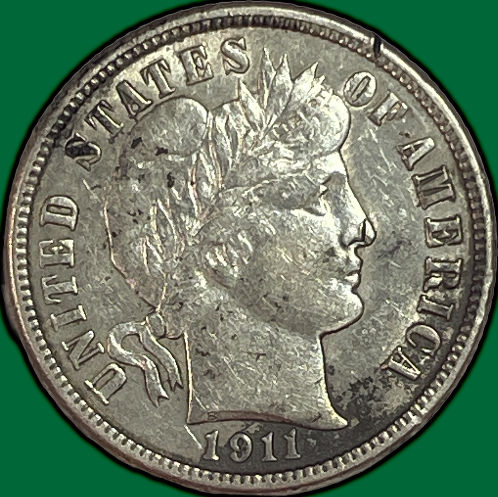 1911-D Barber Dime Silver Almost Uncirculated AU Coin, Light Cleaning #33549