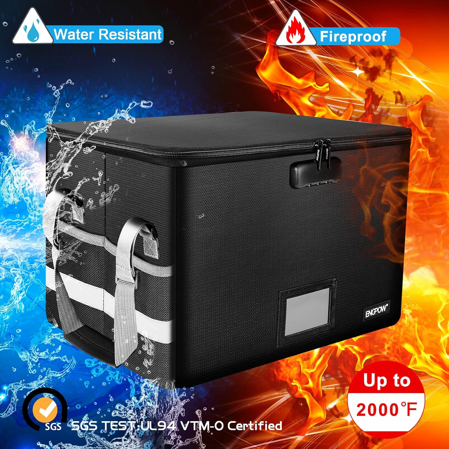 File Box with Lock,Fireproof Document Box with Zipper＆Pockets,Collapsible File O