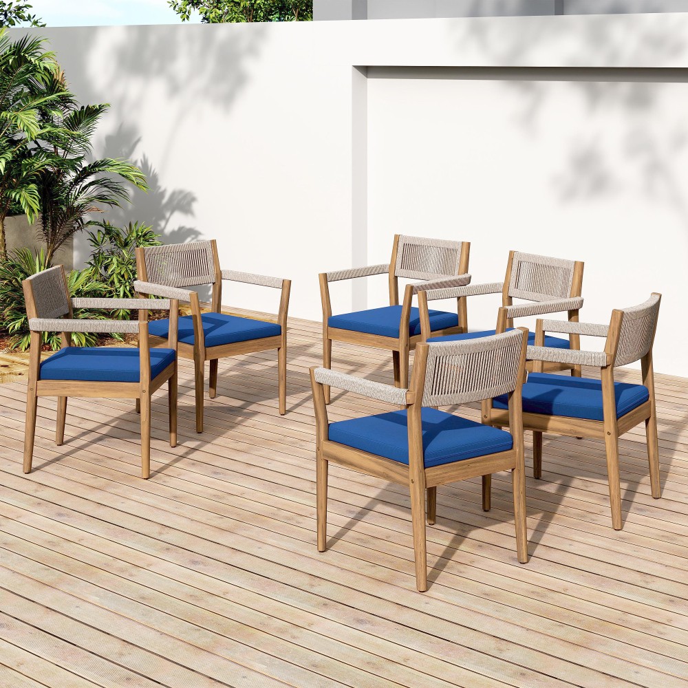 2 Acacia Wood Patio Chairs with Navy Blue All-Weather Cushions