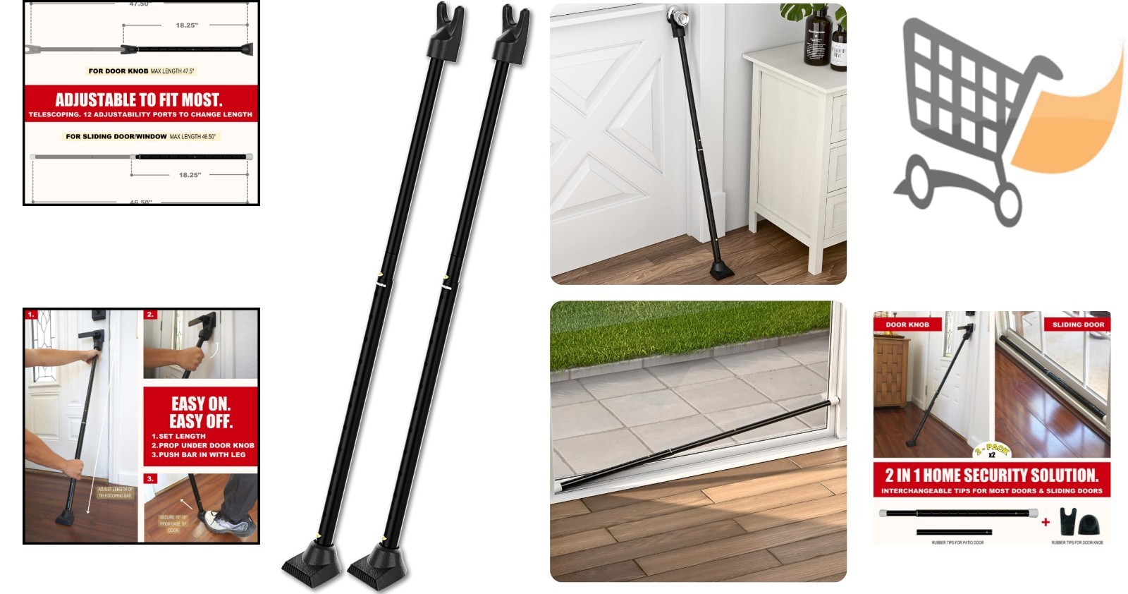 Two-in-One Iron Security Door Bar Pack Adjustable for Hinged and Sliding Doors