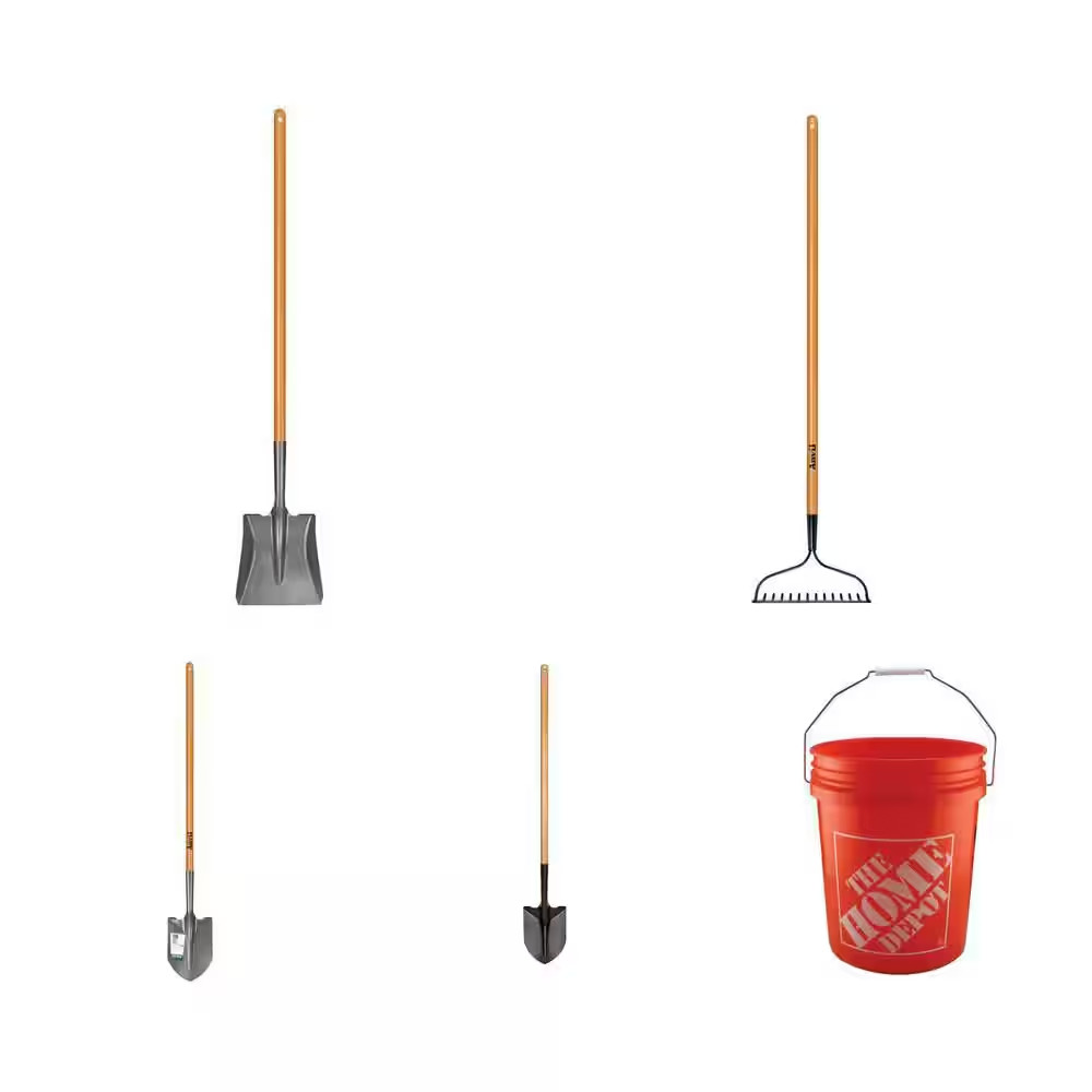 47 In. Wood Handle Carbon Steel Transfer and Digging Shovels, 14-Tine Bow Rake a