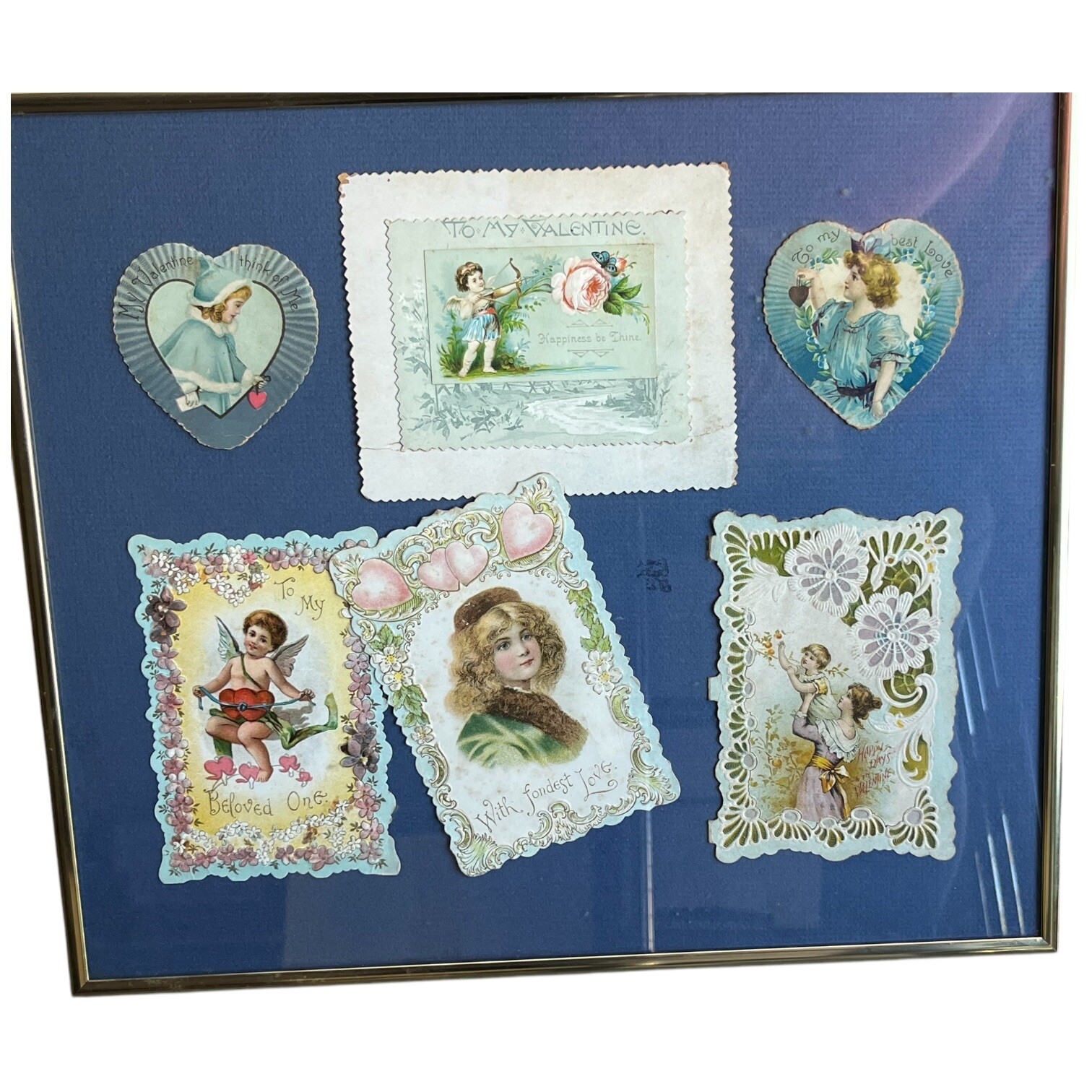 Antique German Valentine Cards Cutwork Paper Lace Embossed Collage Framed 15x13"