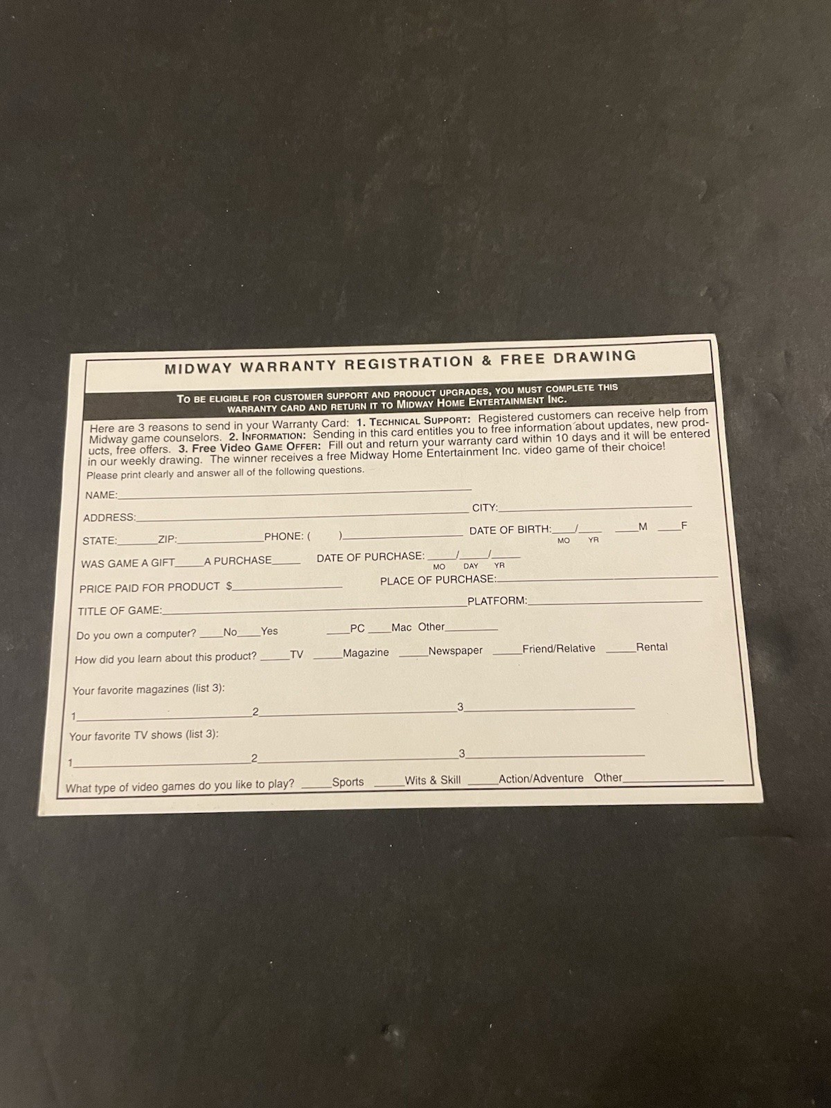 Nintendo midway registration card insert