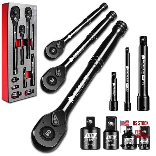 zhax 10-Piece Ratchet Set, 1/4”, 3/8”, 1/2” Drive 90-Tooth Ratchets &