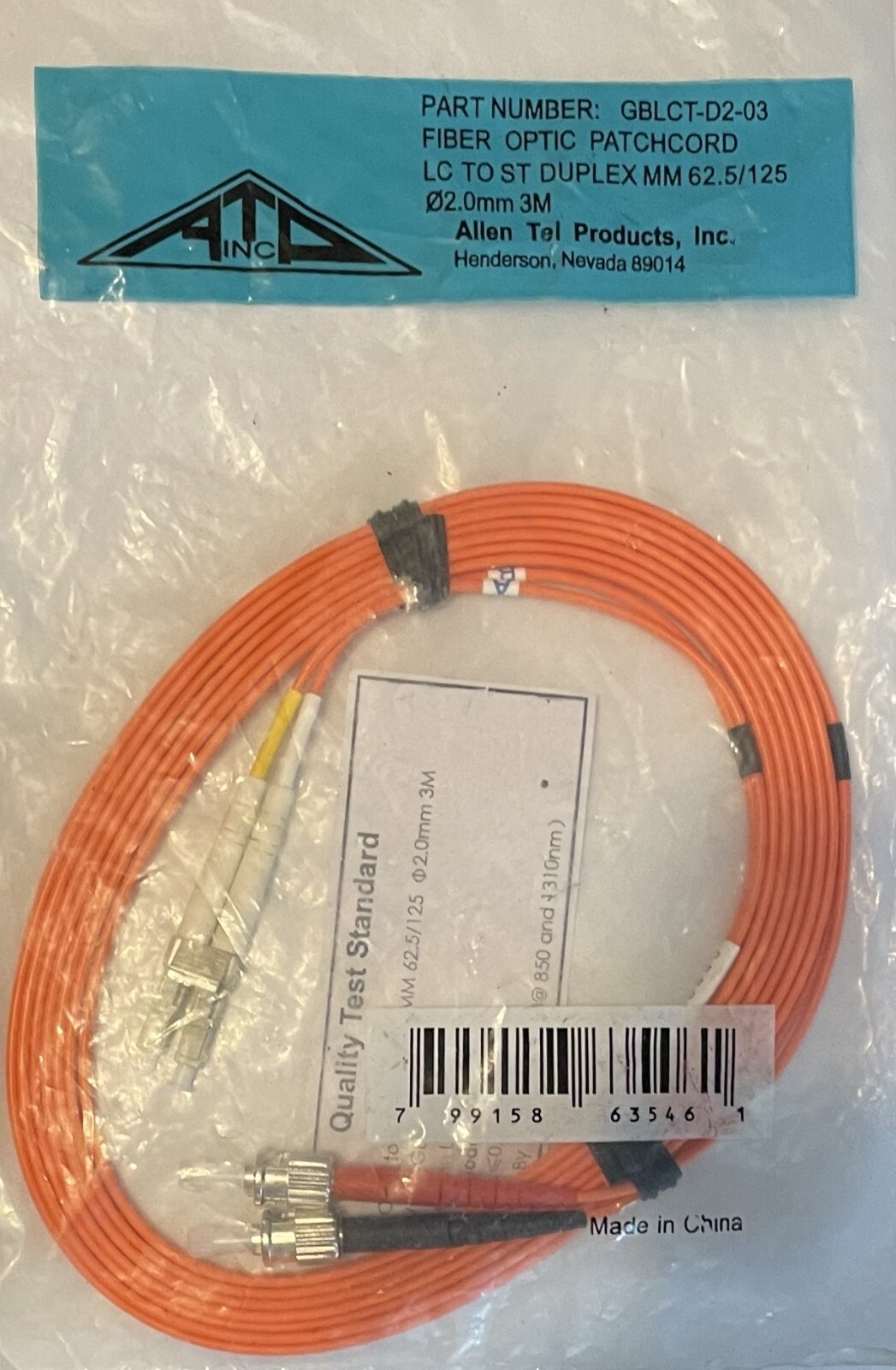 fiber patch cord 3meters LC TO ST  DUPLEX MM 62.5/125 02.0mm 3m NEW. 5PCS FOR $5
