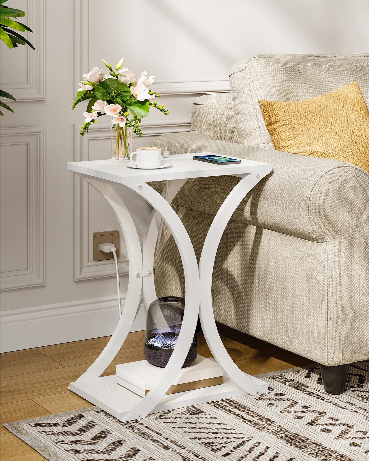 Round Side Table and End Table with Charging Station Bundle, Small Round Nigh...