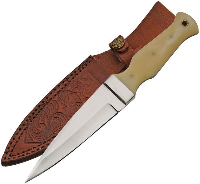 Pakistan Bone Handle Boot Fixed Blade Knife w/ Embossed Sheath - DH-8021BO