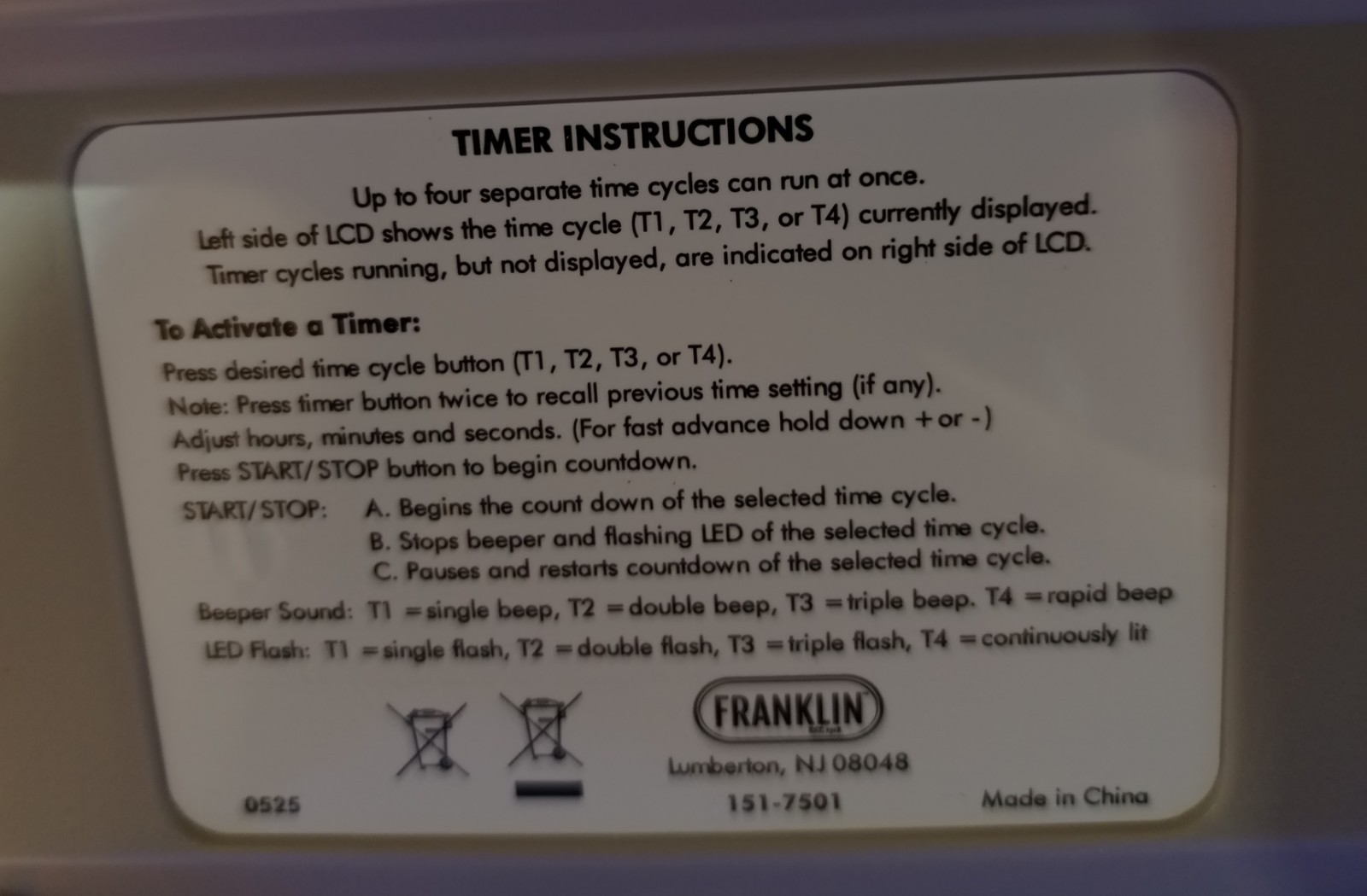 Franklin 151-7501 4 Channel Digital Commercial Kitchen Timer Don