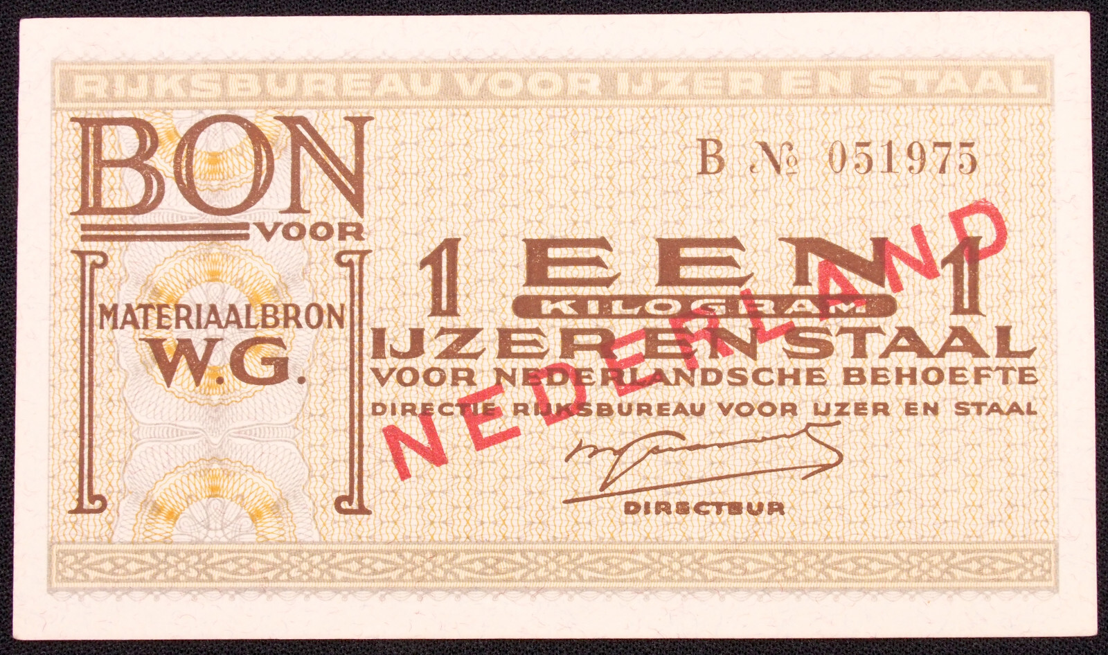 Netherlands Rijksbureau Iron & Steel Voucher 1 Kilogram 1941 (SLIB-011-L0201b)